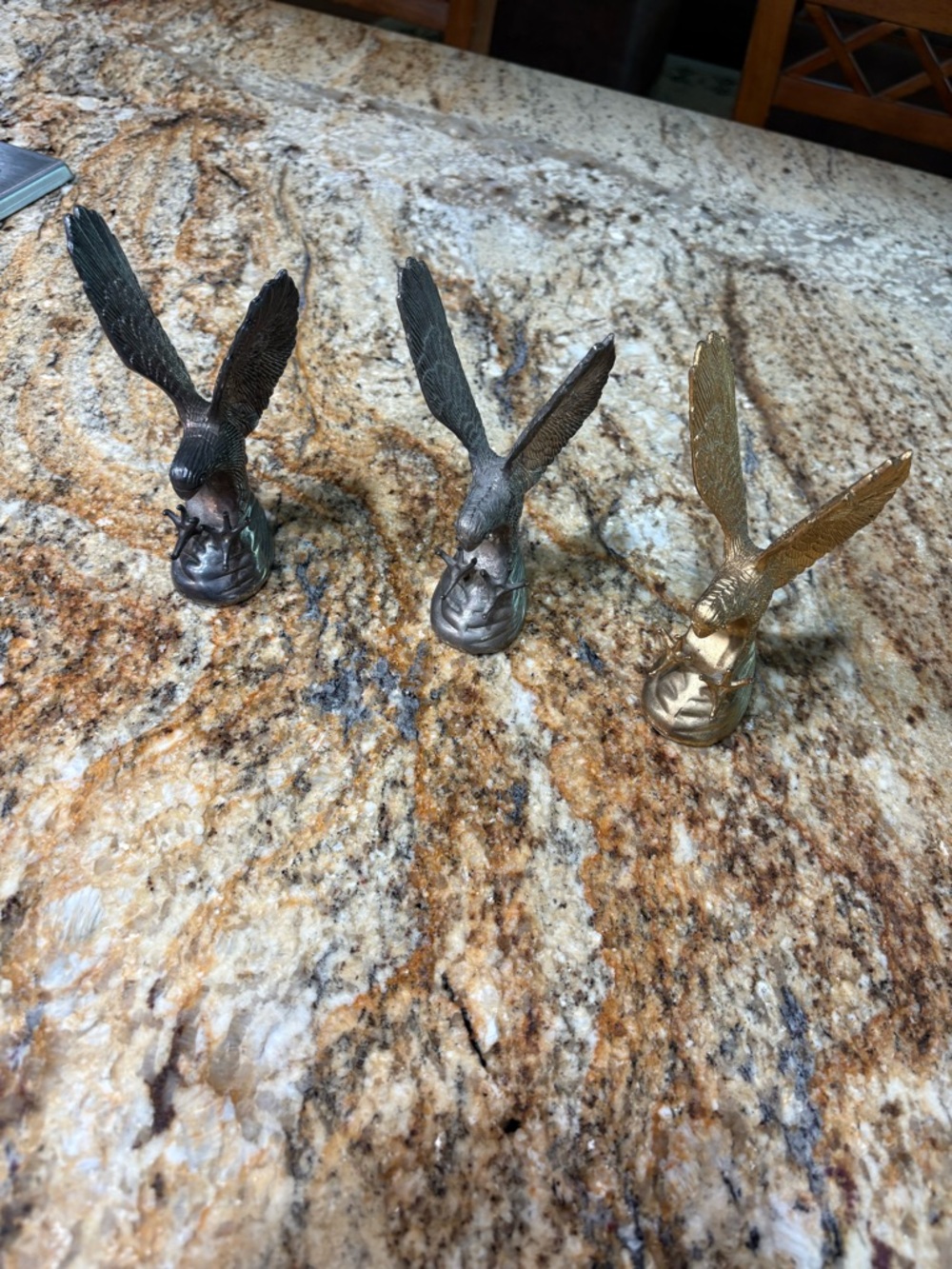 3 vintage Eagle sculptures 2 silver plated,1 24 KT gold plated